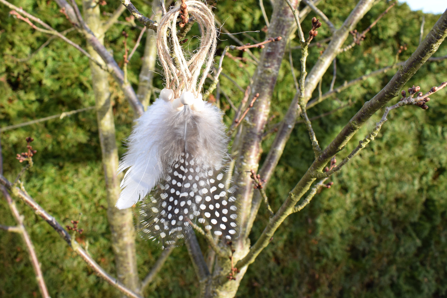Osterdeko Anhänger Set aus gepunkteten Perlhuhn-Federn mit Naturholzperle
