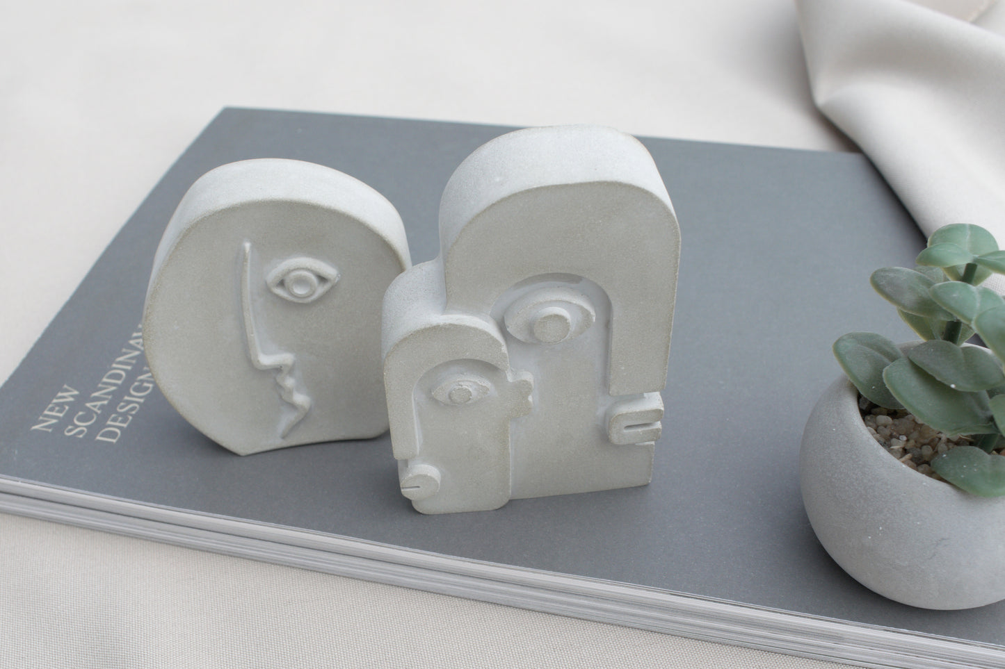 3er Set Beton Gesichter Skulpturen – Modern Minimalistisch Abstrakt – Skandinavische Deko Figuren, freistehend