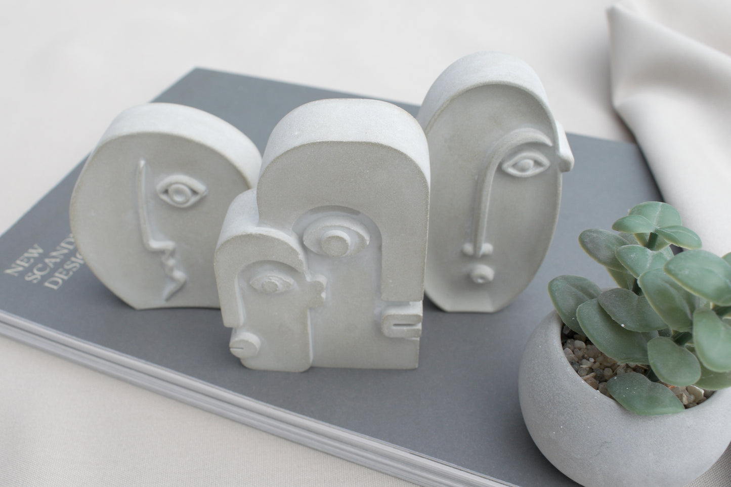 3er Set Beton Gesichter Skulpturen – Modern Minimalistisch Abstrakt – Skandinavische Deko Figuren, freistehend