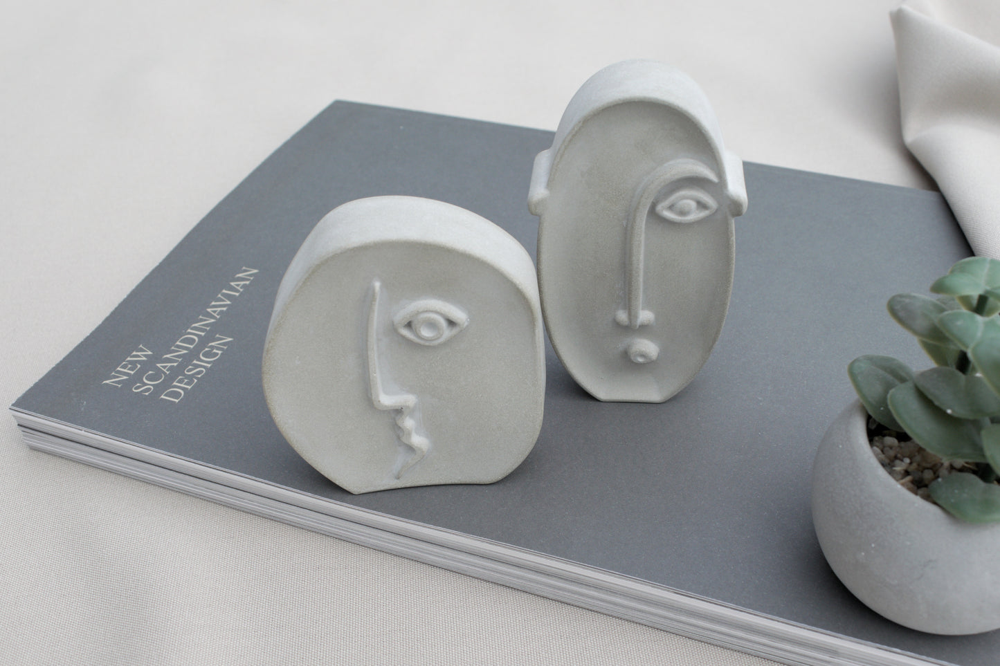 3er Set Beton Gesichter Skulpturen – Modern Minimalistisch Abstrakt – Skandinavische Deko Figuren, freistehend