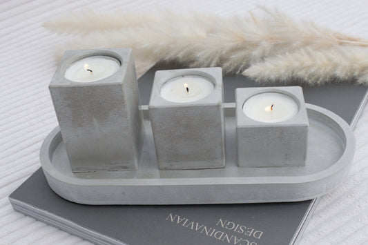 Kerzenhalter Set aus grauem Beton – 3 Teelichthalter mit Tablett | Industrial & Skandi Stil
