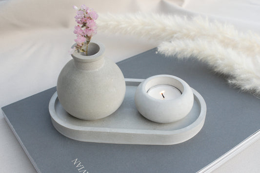 Industrial Deko Set aus grauem Beton, Vase für Trockenblumen, Teelichthalter mit Deckel & Tablett – Minimalistische Wohnaccessoires