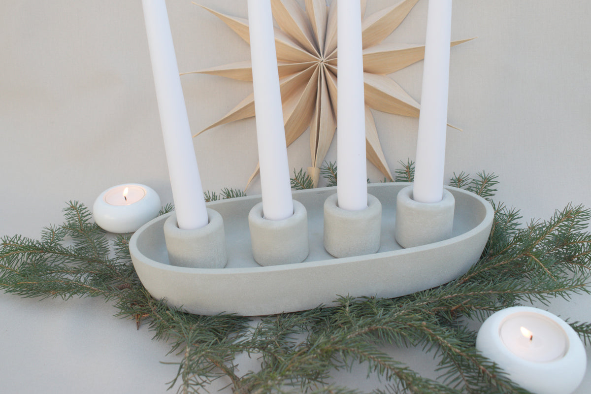 Skandi Adventskranz aus Beton | Ovaler Kerzenhalter Grau für 4 Kerzen | Moderner Kerzenständer Advent & Weihnachten