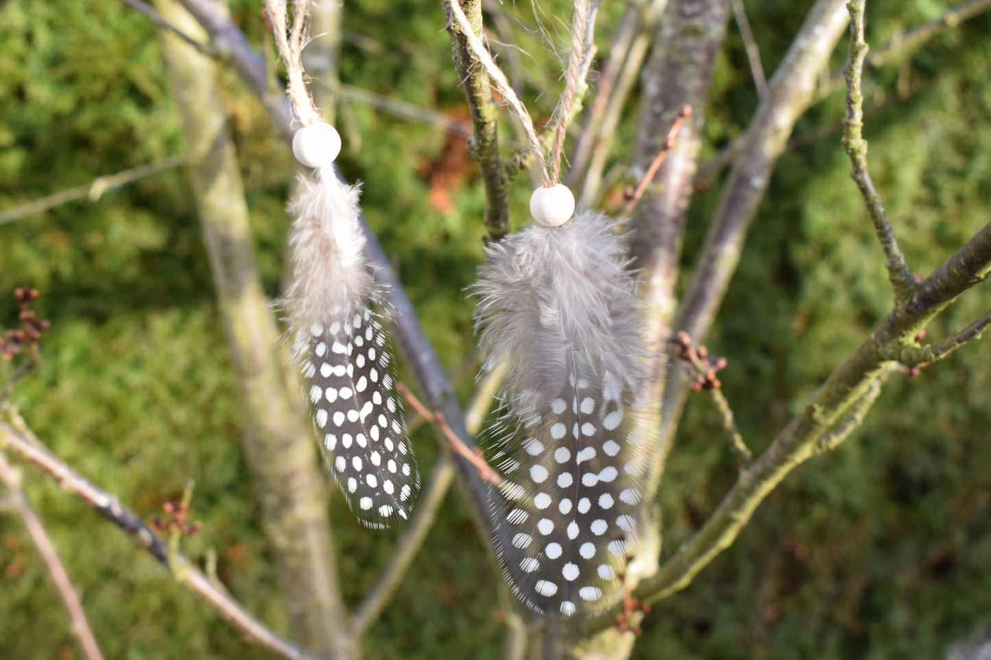 Osterdeko Anhänger Set aus gepunkteten Perlhuhn-Federn mit Naturholzperle
