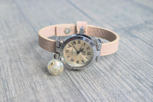 Armbanduhr mit Pusteblume, Pusteblumenschmuck, Naturschmuck, echte Pusteblume, Blattgold, rosa Armbanduhr, Geschenk für sie