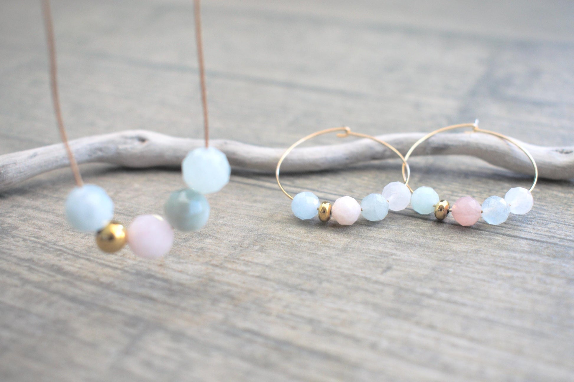 Creolen mit Morganit Perlen, Edelstein Creolen, hängende Ohrringe mit Edelstein