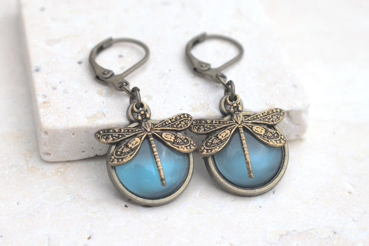 Ohrringe Libelle, Hängeohrringe Libelle, Cabochon blau, Vintage Libellen Ohrringe, Cabochon Ohrringe Libelle